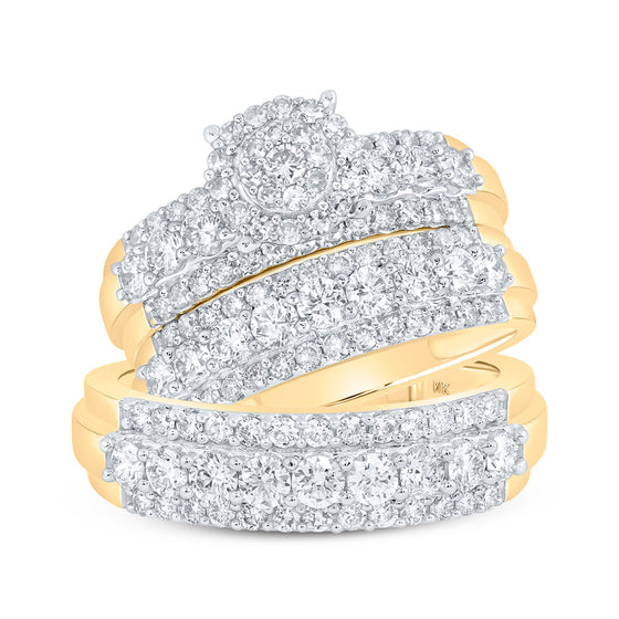 10k Yellow Gold His Hers Round Diamond Cluster Matching Wedding Set 2-5/8 Cttw