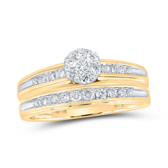 10k Yellow Gold His Hers Round Diamond Cluster Matching Wedding Set 3/4 Cttw