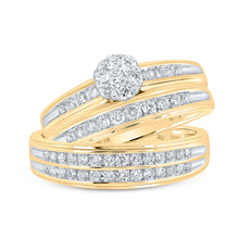  10k Yellow Gold His Hers Round Diamond Cluster Matching Wedding Set 3/4 Cttw