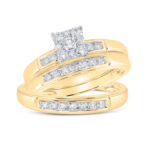 10k Yellow Gold His Hers Round Diamond Square Matching Wedding Set 3/4 Cttw