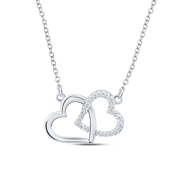 Sterling Silver Womens Round Diamond 18-inch Double Heart Necklace 1/20 Cttw