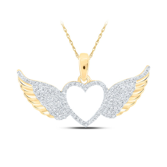 10k Yellow Gold Womens Round Diamond Wing Heart Pendant 1/4 Cttw