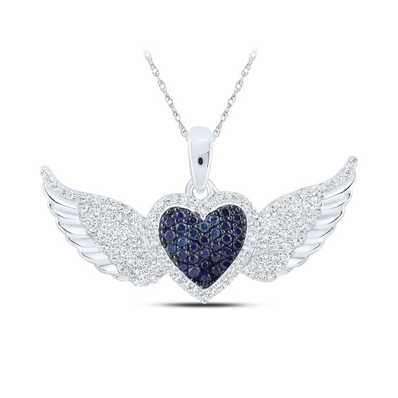 10k White Gold Womens Round Blue Sapphire Diamond Wing Heart Pendant 3/8 Cttw