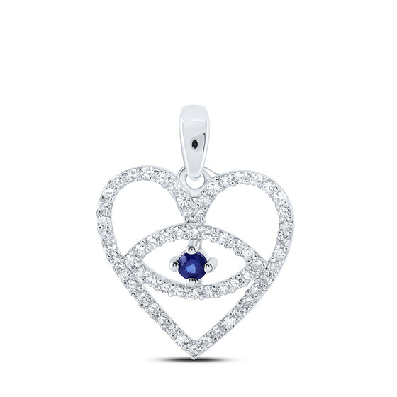 10k White Gold Womens Round Blue Sapphire Diamond Eye Heart Pendant 1/3 Cttw