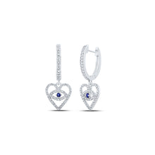  10k White Gold Womens Round Blue Sapphire Diamond Heart Dangle Earrings 3/8 Cttw