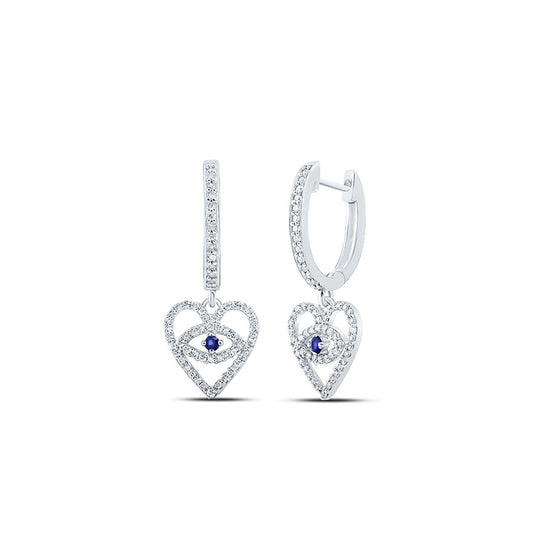 10k White Gold Womens Round Blue Sapphire Diamond Heart Dangle Earrings 3/8 Cttw