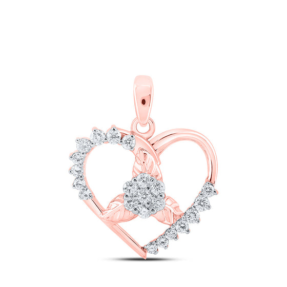 10k Rose Gold Womens Round Diamond Flower Heart Pendant 1/4 Cttw