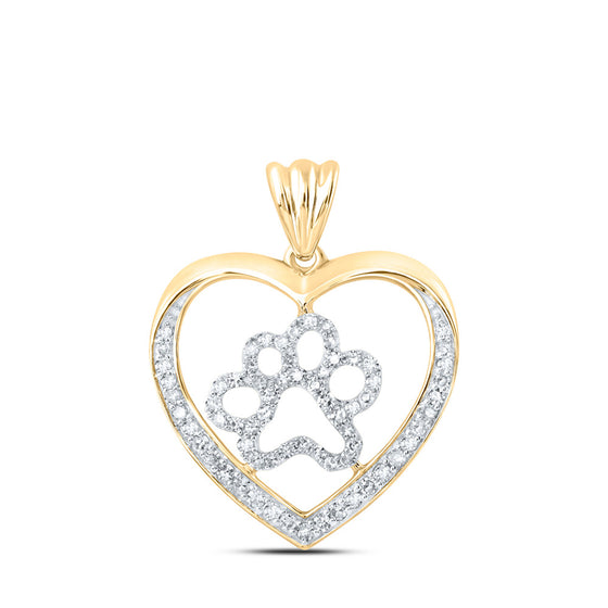 10k Yellow Gold Womens Round Diamond Paw Heart Pendant 1/3 Cttw