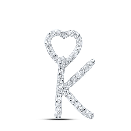 10k White Gold Womens Round Diamond K Heart Letter Pendant 1/8 Cttw