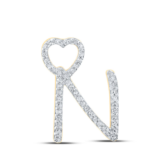 10k Yellow Gold Womens Round Diamond N Heart Letter Pendant 1/6 Cttw