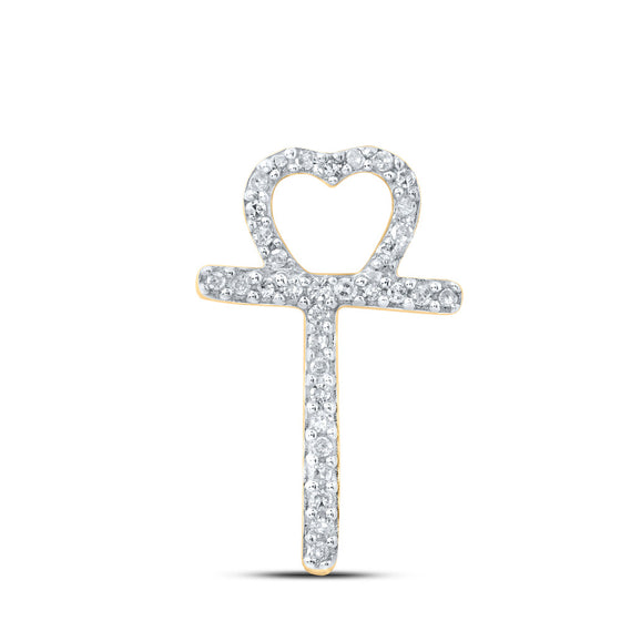 10k Yellow Gold Womens Round Diamond T Heart Letter Pendant 1/10 Cttw