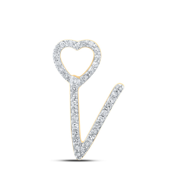 10k Yellow Gold Womens Round Diamond V Heart Letter Pendant 1/10 Cttw