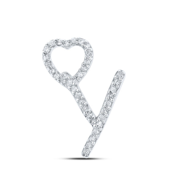 10k White Gold Womens Round Diamond Y Heart Letter Pendant 1/10 Cttw