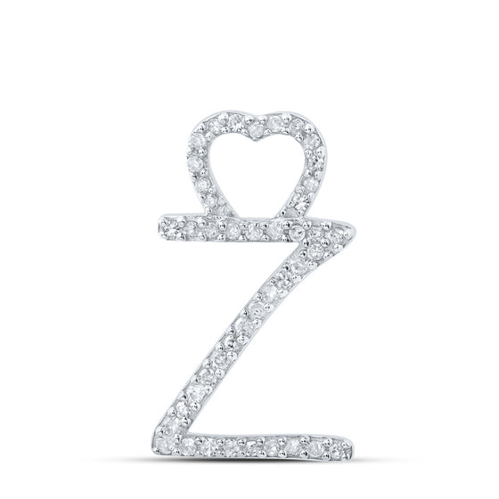10k White Gold Womens Round Diamond Z Heart Letter Pendant 1/8 Cttw