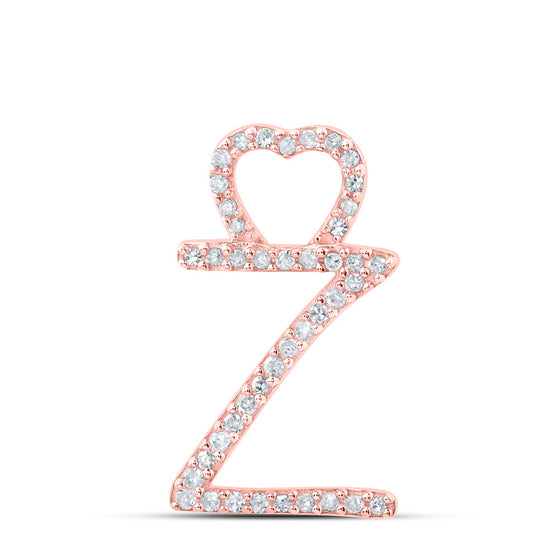 10k Rose Gold Womens Round Diamond Z Heart Letter Pendant 1/8 Cttw