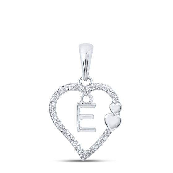 10k White Gold Womens Round Diamond E Heart Letter Pendant 1/10 Cttw