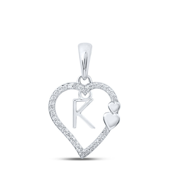 10k White Gold Womens Round Diamond K Heart Letter Pendant 1/10 Cttw