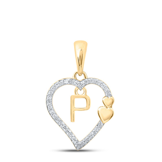 10k Yellow Gold Womens Round Diamond P Heart Letter Pendant 1/10 Cttw
