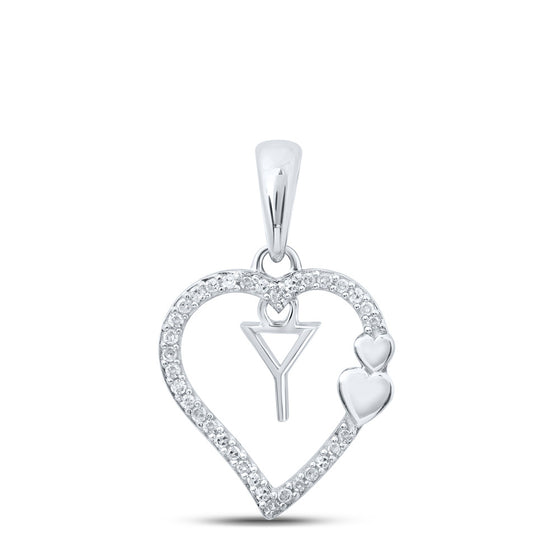 10k White Gold Womens Round Diamond Y Heart Letter Pendant 1/10 Cttw