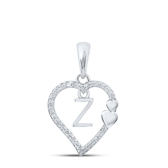 10k White Gold Womens Round Diamond Z Heart Letter Pendant 1/10 Cttw
