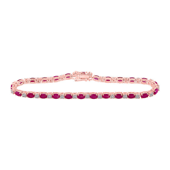 14k Rose Gold Womens Oval Ruby Diamond Tennis Bracelet 7 Cttw