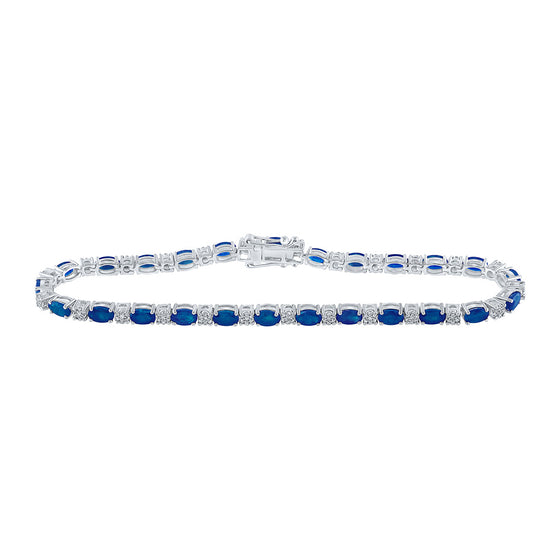 14k White Gold Womens Oval Blue Sapphire Diamond Fashion Bracelet 7-3/8 Cttw