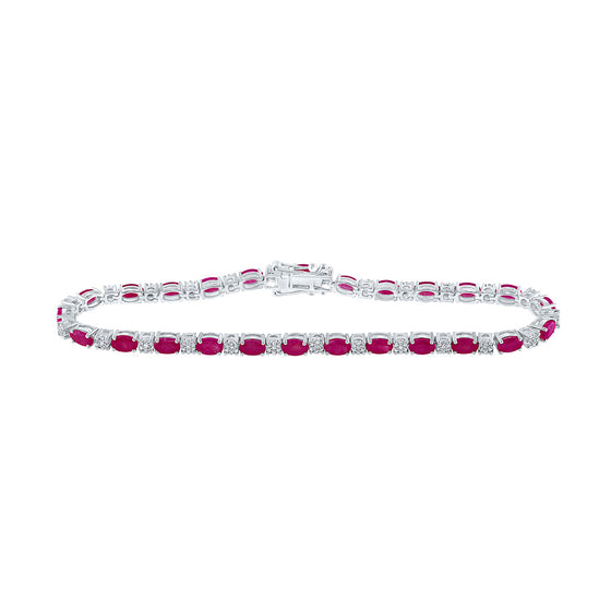 14k White Gold Womens Oval Ruby Diamond Fashion Bracelet 7 Cttw