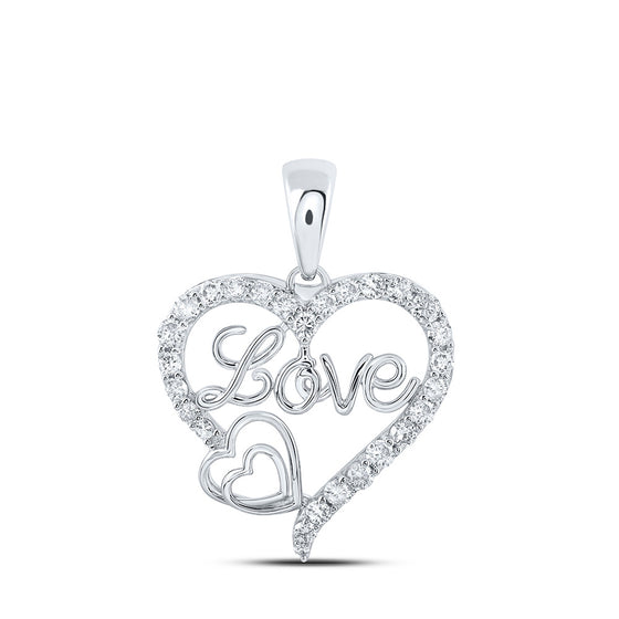 10k White Gold Womens Round Diamond Love Heart Pendant 3/8 Cttw