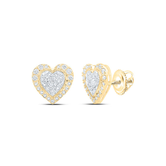 10k Yellow Gold Womens Round Diamond Heart Earrings 1/2 Cttw