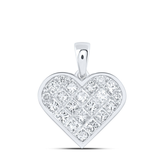 10k White Gold Womens Princess Diamond Heart Pendant 1-7/8 Cttw