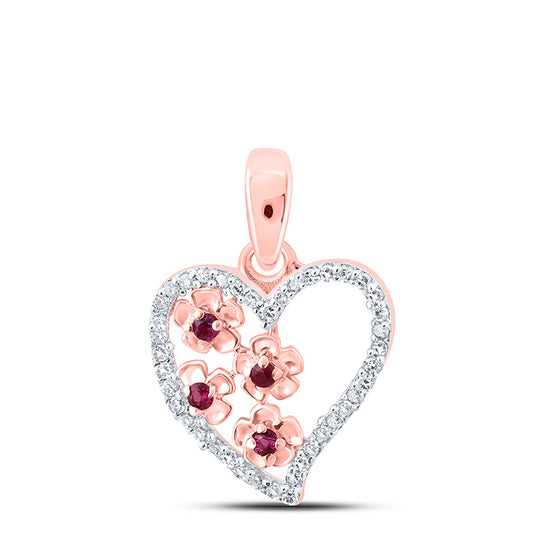 10k Rose Gold Womens Round Ruby Diamond Heart Pendant 1/10 Cttw
