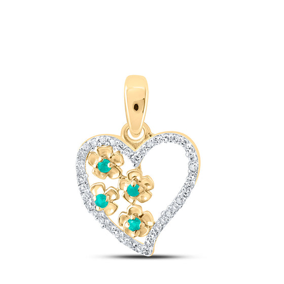 10k Yellow Gold Womens Round Emerald Diamond Heart Pendant 1/8 Cttw