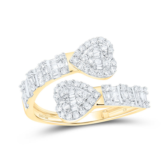 10k Yellow Gold Womens Baguette Diamond Cuff Bypass Heart Ring 5/8 Cttw