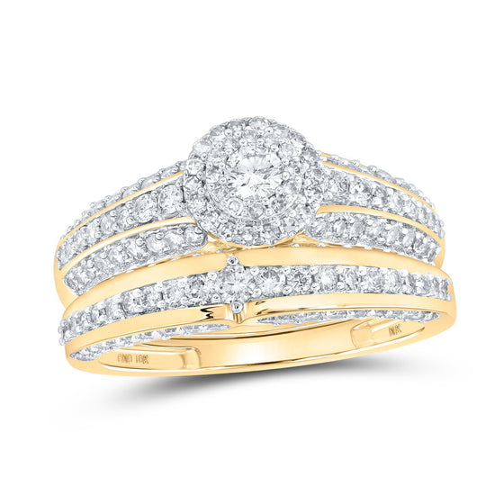 10k Yellow Gold His Hers Round Diamond Halo Matching Wedding Set 1-3/4 Cttw