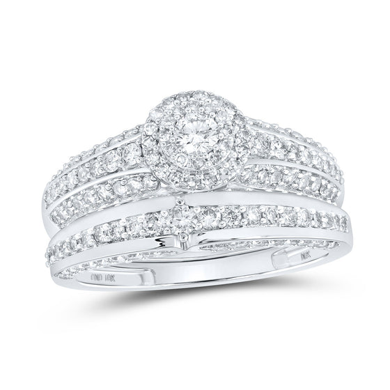 10k White Gold His Hers Round Diamond Halo Matching Wedding Set 1-3/4 Cttw