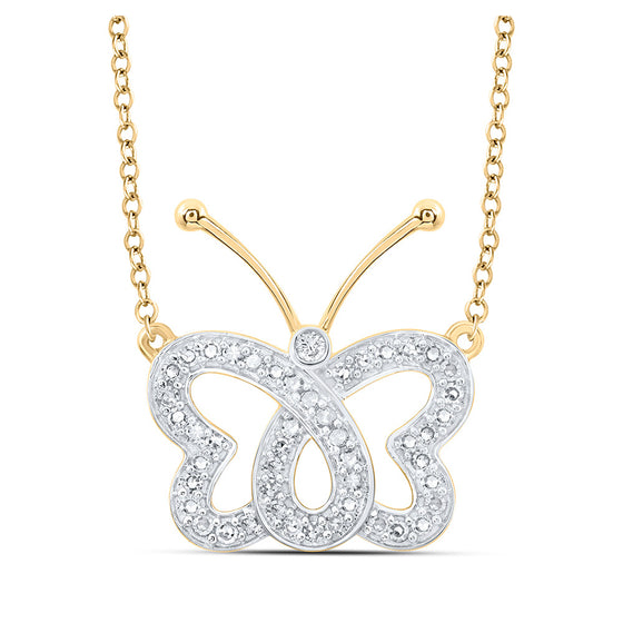 10k Yellow Gold Womens Round Diamond Butterfly Necklace 1/4 Cttw