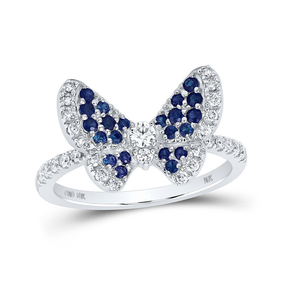 10k White Gold Womens Round Blue Sapphire Diamond Butterfly Ring 5/8 Cttw