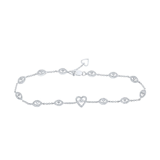 10k White Gold Womens Round Diamond Heart Bracelet 1/2 Cttw