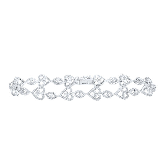 10k White Gold Womens Round Diamond Heart Bracelet 1 Cttw