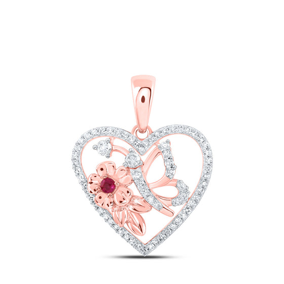 10k Rose Gold Womens Round Ruby Diamond Butterfly Heart Pendant 1/5 Cttw