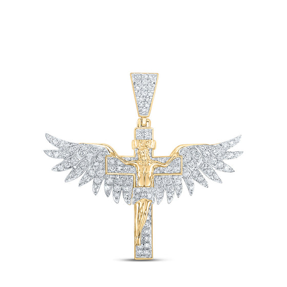 10k Yellow Gold Mens Round Diamond Jesus Wings Cross Charm Pendant 1 Cttw