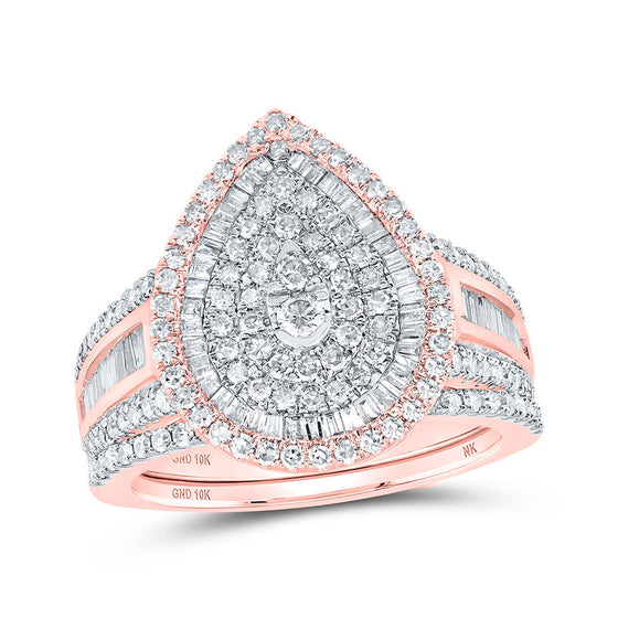 10k Rose Gold Round Diamond Teardrop Bridal Wedding Ring Band Set 1-1/5 Cttw