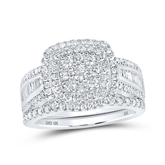 10k White Gold Round Diamond Square Bridal Wedding Ring Band Set 1-1/4 Cttw