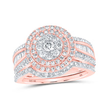  10k Rose Gold Round Diamond Cluster Bridal Wedding Ring Band Set 1-1/4 Cttw