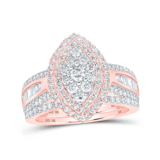 10k Rose Gold Round Diamond Oval Bridal Wedding Ring Band Set 1-1/4 Cttw