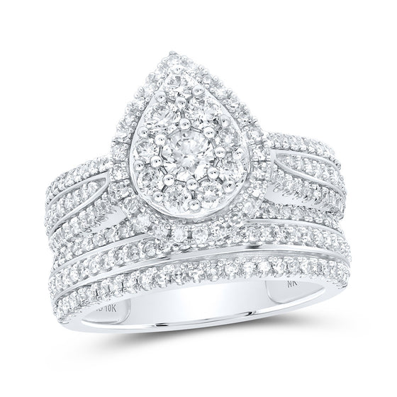 10k White Gold Round Diamond Teardrop Bridal Wedding Ring Band Set 1-1/2 Cttw