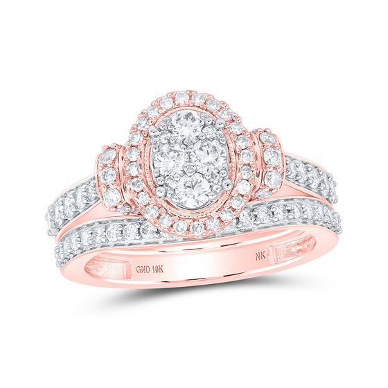 10k Rose Gold Round Diamond Oval Cluster Bridal Wedding Ring Band Set 1 Cttw