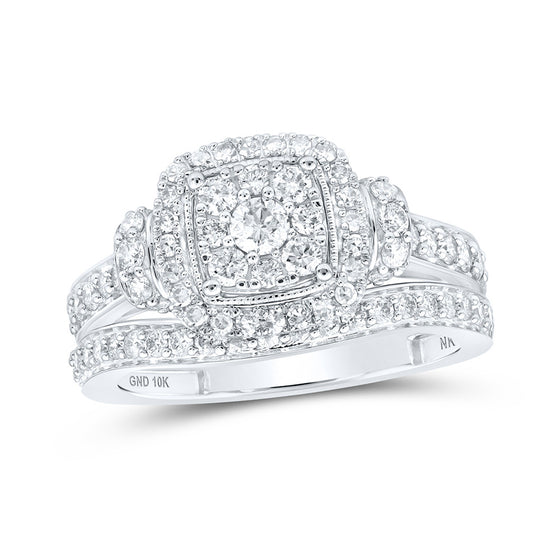 10k White Gold Round Diamond Halo Bridal Wedding Ring Band Set 1 Cttw