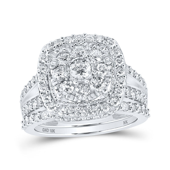 10k White Gold Round Diamond Cluster Bridal Wedding Ring Band Set 1-7/8 Cttw