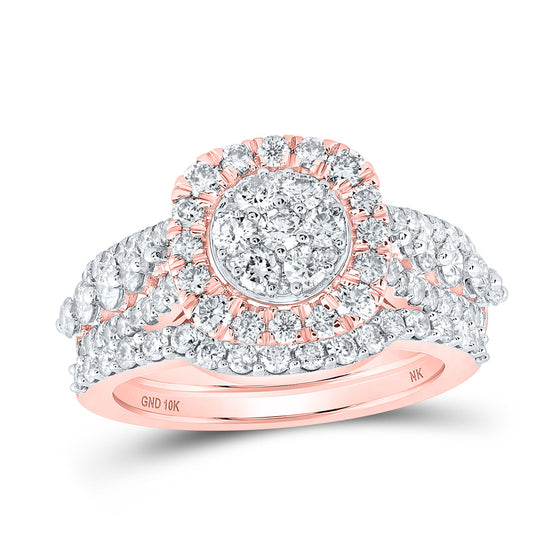 10k Rose Gold Round Diamond Cluster Bridal Wedding Ring Band Set 1-1/2 Cttw